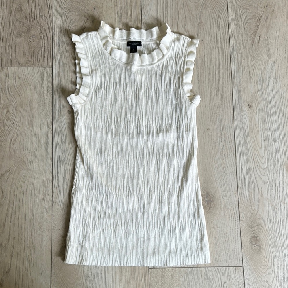 Ann Taylor White Ribbed Ruffled Tank Top